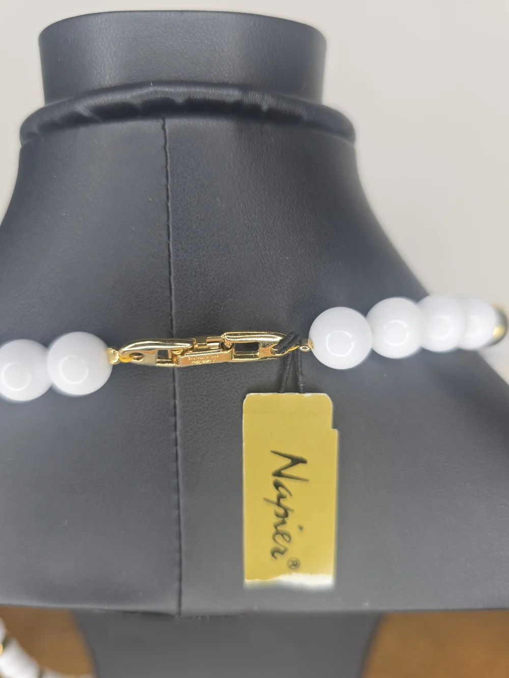 Napier Signed White Beaded Necklace with Gold Accent Beads